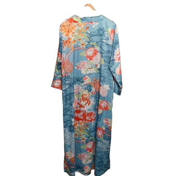 Natori Women's Kaftan Floral Kimono Vibrant Blue Multicolor Sz Large Boho Lounge - Picture 6 of 13